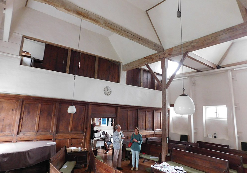 interior meeting house wooden beams