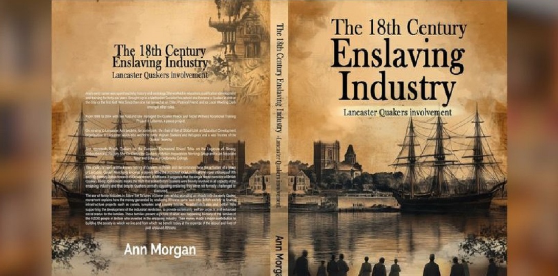 Book cover of "The 18th Century Enslaving Industry" by Ann Morgan, showing ships, historic buildings, and silhouetted people in sepia tones.