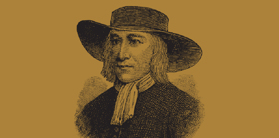 Illustration of George Fox wearing a wide-brimmed hat, on a plain brown background.