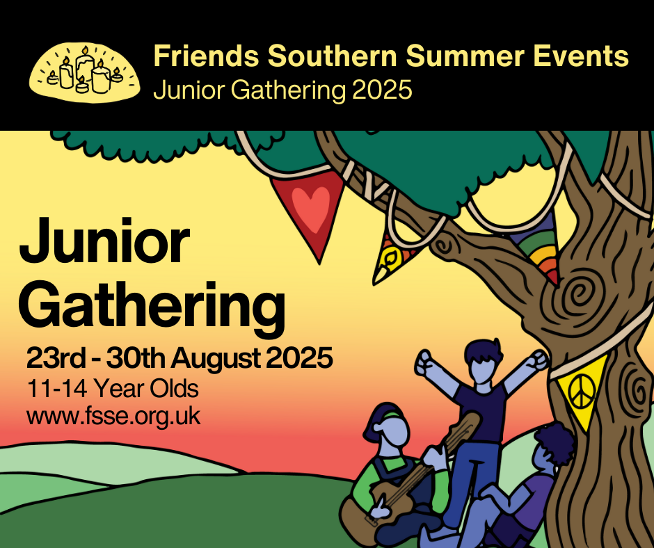 Colourful poster advertising Junior Gathering, an event for young people from the 23rd to the 30th August 2025. Young people playing under a tree with banners in. 