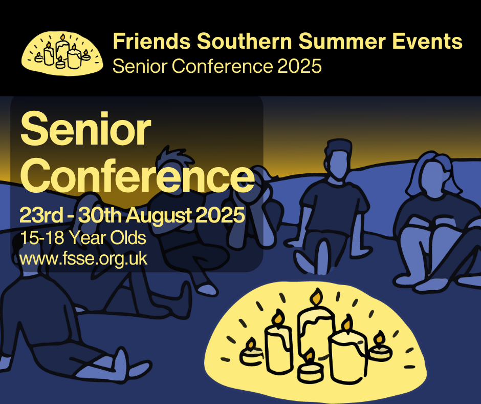 Blue and black and yellow poster advertising an event for young people between the ages of 15-18. The event is from the 23rd to the 30th August and takes place in Leighton Park School Reading. The poster shows people sat under the stars by a campfire. 