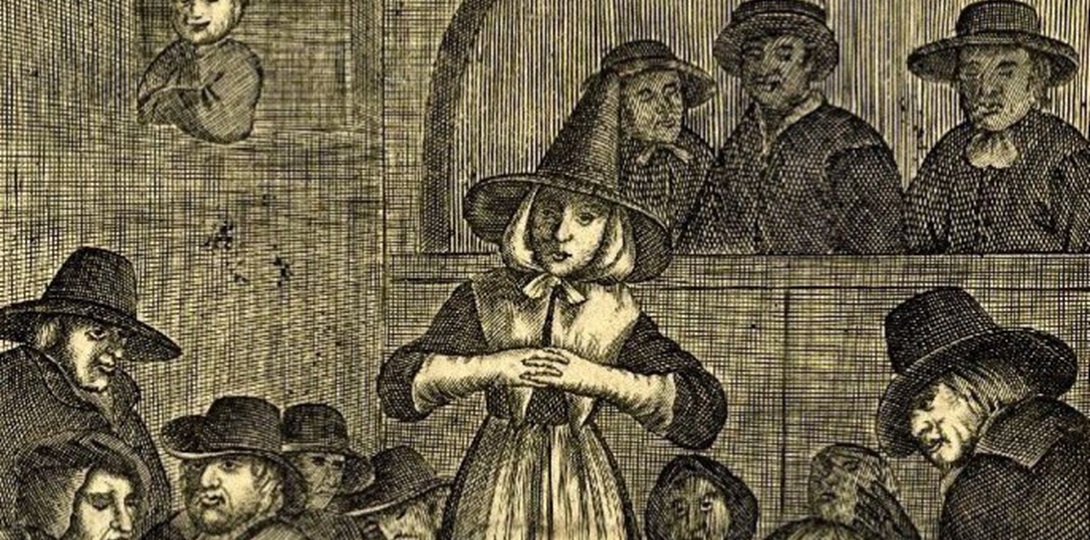A drawing of an early Quaker woman standing up to speak.