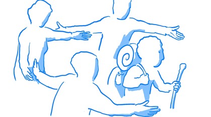 a simple drawing of three people with arms outstretched protectively allowing a person with a hiking knapsack and walking stick to continue walking forward