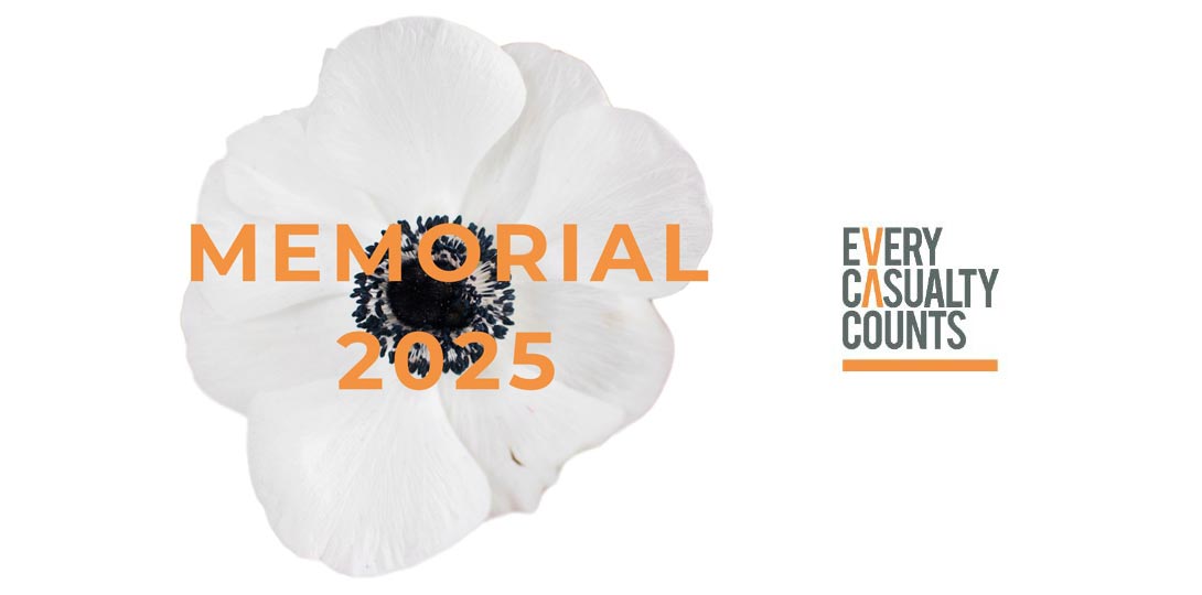  A white poppy on a white background, with the heading 'Every Casualty Counts' above, and the words 'Memorial 2025' across the centre. There's a QR code at the bottom.
